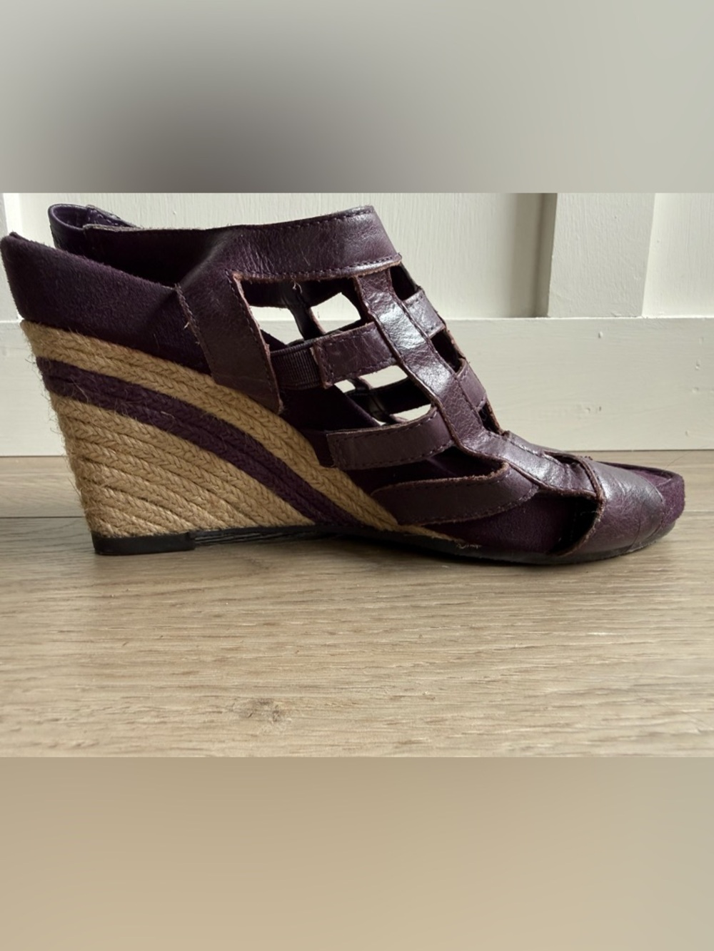 AEROSOLES Plum Leather Espadrille Wedge Sandals - Picture 4 of 8